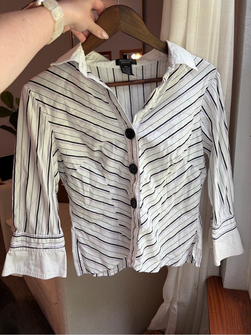 Vintage White and Black Striped Button-Front Shirt